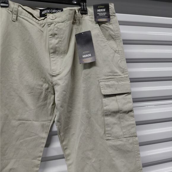 Mens Belted Cargo Work Pants 40W x 30L Beige Cotton Utility Pockets Ashly Heroe - Picture 5 of 7